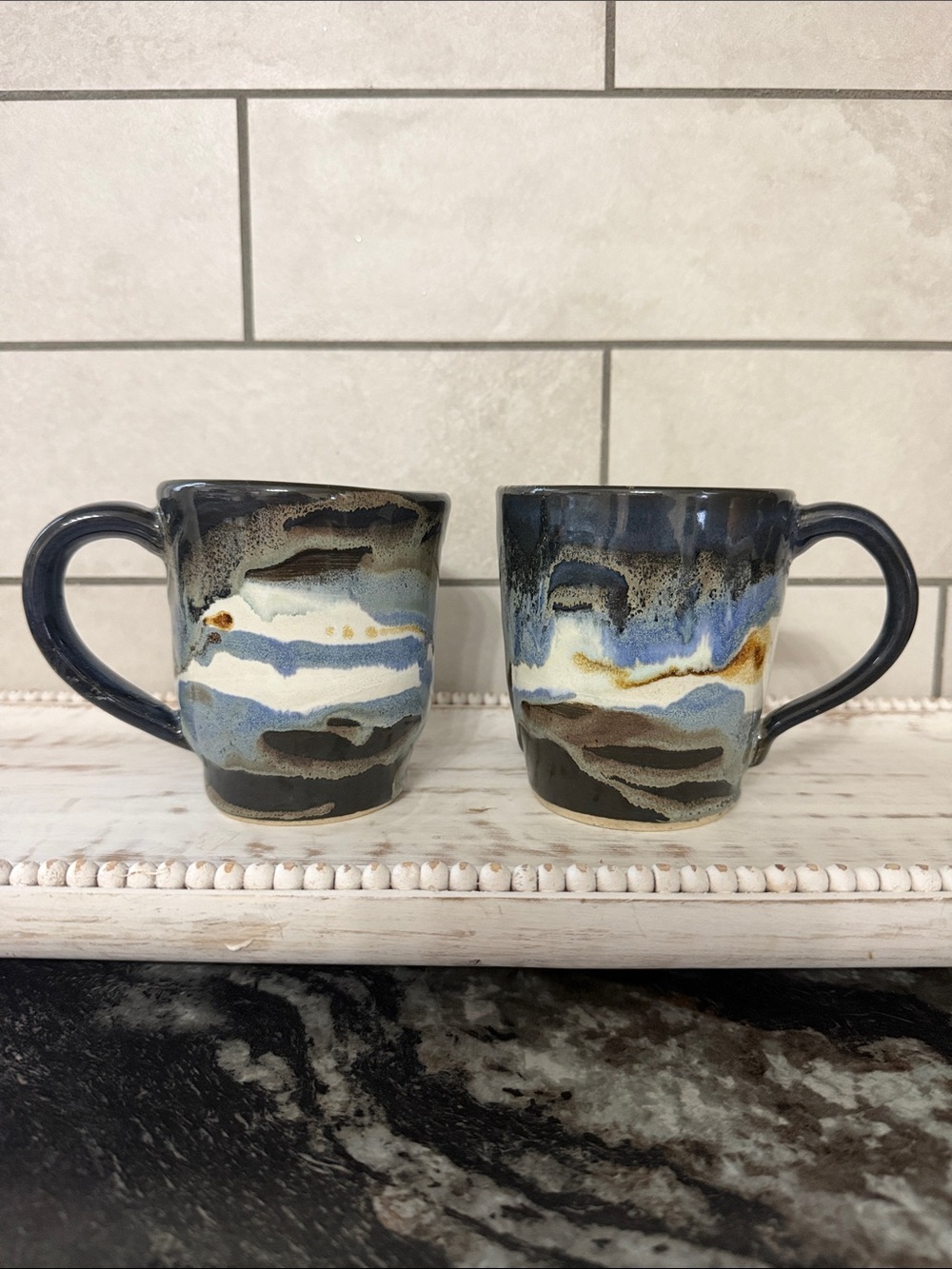 Handcrafted Ceramic Mugs Set - Blue, Cream, & Brown Accent